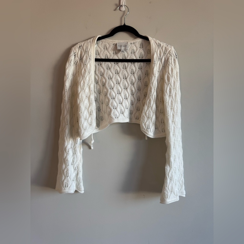 NWOT Pink Rose White Flare Sleeve Cropped Bolero Shrug Summer Spring Cardigan